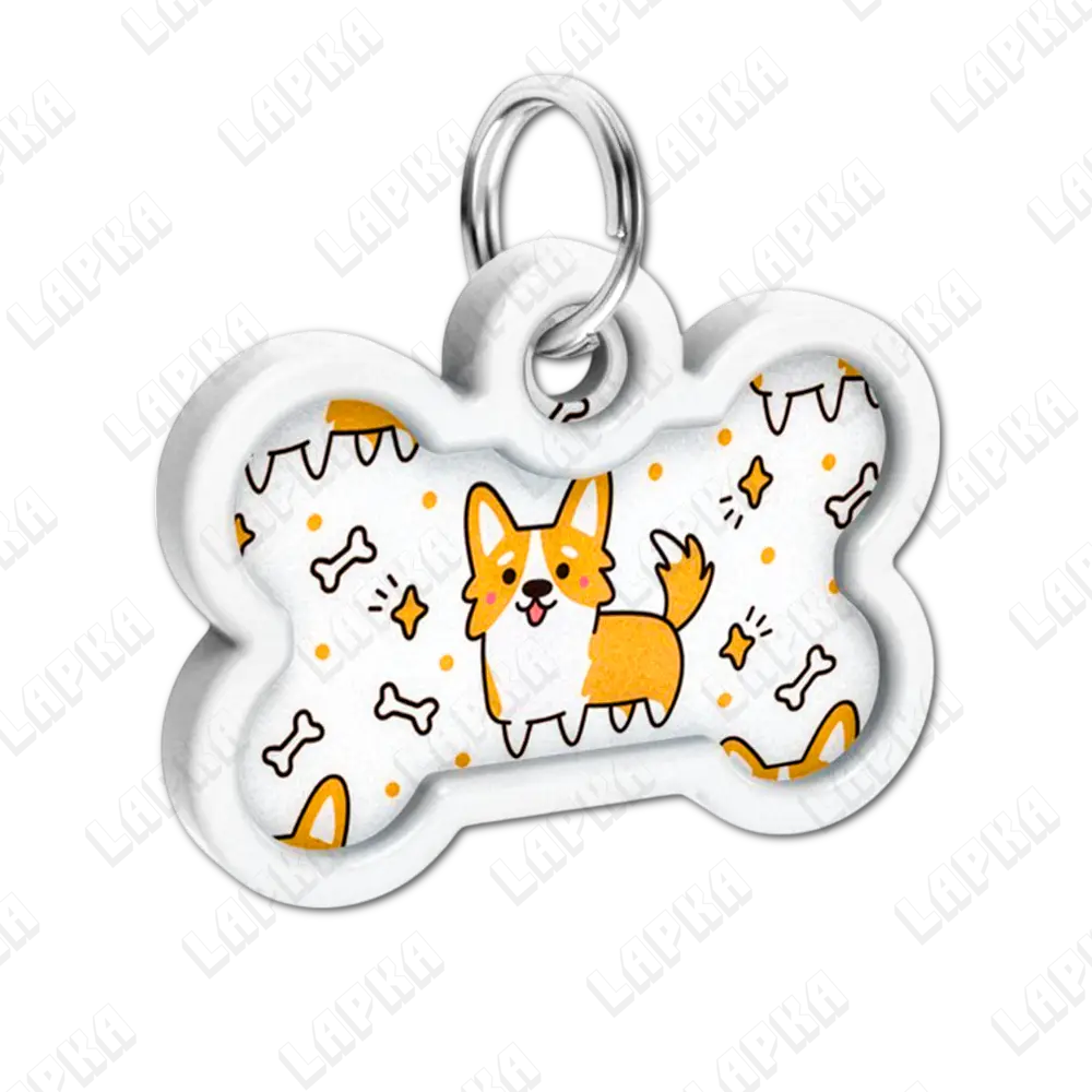 WAUDOG Smart ID QR Corgi Кісточка | Коргі 2 WAUDOG Smart ID QR Corgi Кісточка | Коргі - адресник з принтом для собак, під кутом, QR‑паспорт тварини на animal-id.net