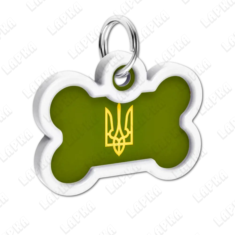 WAUDOG Smart ID QR Тризуб 41×27 Кісточка | Тризуб 2 WAUDOG Smart ID QR Tryzub Кісточка 41×27 | Тризуб - адресник з принтом для собак, під кутом, QR‑паспорт тварини на animal-id.net