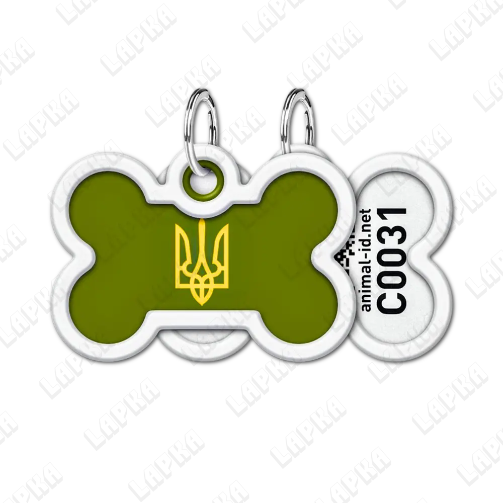 WAUDOG Smart ID QR Тризуб 41×27 Кісточка | Тризуб 5 WAUDOG Smart ID QR Tryzub Кісточка 41×27 | Тризуб - адресник з принтом для собак, передній та задній вигляд